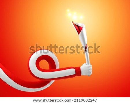 Funny cartoon flexible hand with a olympic fire, clip art isolated on red background. Sport metaphor 2022, revealing the concept of victory and the start of the season. 3d render