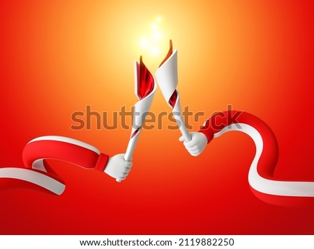 Funny cartoon flexible hands with a olympic fire, clip art isolated on red background. Sport metaphor 2022, revealing the concept of victory and the start of the season. 3d render