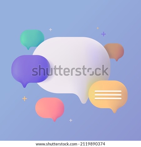 Text cloud template for website. Comments, likes and reviews for the browser. Realistic 3d banner. Pastel gentle colors on a blue background. Creative concept design in cartoon style. Royalty-Free Stock Photo #2119890374