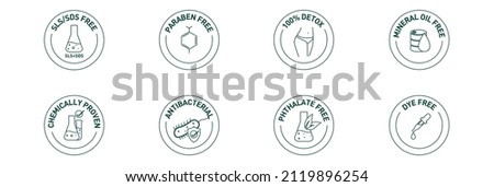 sls sds free, paraben free, 100% detox, mineral oil , chemically proven, antibacterial, phthalate free, dye free icon set vector illustration 
