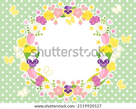 It is an illustration of a wreath of spring flowers and butterflies.
