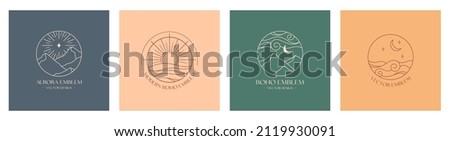 Set of vector linear boho emblems.Bohemian logo designs with sea or lake,sun,mountains,aurora lights and moon.Modern travel icons or symbols in trendy minimalist style.Branding design templates. Royalty-Free Stock Photo #2119930091