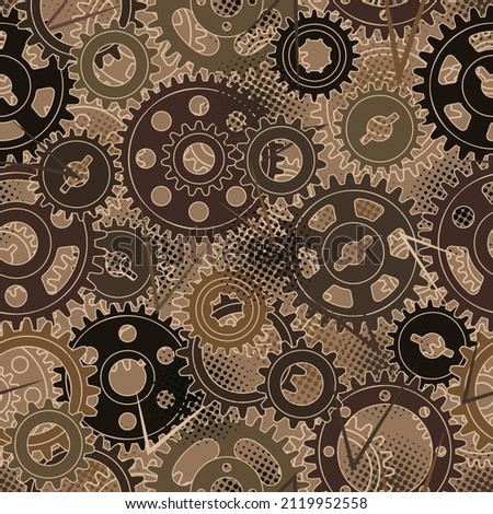 Seamless pattern with gears, dotted halftone texture. Brown camouflage colors for apparel, fabric, textile, sport goods.