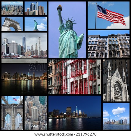 Photo collage from New York City, United States. Collage includes major landmarks like Statue of Liberty, Manhattan skyline and Brooklyn Bridge.