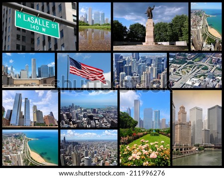 Photo collage from Chicago, United States. Collage includes major landmarks like city skyline, the Loop and Gold Coast of Lake Michigan.