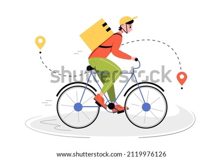 Fast and free delivery by bicycle courier. Man on a bicycle riding to the address. Delivery service concept. Vector illustration.