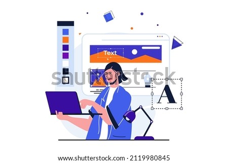 Web designer modern flat concept for web banner design. Woman creates content to fill site, works with digital graphics using drawing tools at laptop. Vector illustration with isolated people scene Royalty-Free Stock Photo #2119980845