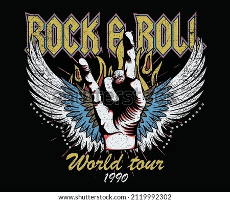 Rock and roll graphic print design for t shirt, poster, sticker and others. Music world tour vector artwork. Royalty-Free Stock Photo #2119992302
