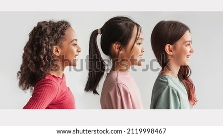 Collage Of Profile Portraits With Multiethnic Preteen Girls Looking Aside Posing Over White Background In Studio. Side View Headshots Of Three Happy Kids. Panorama Royalty-Free Stock Photo #2119998467