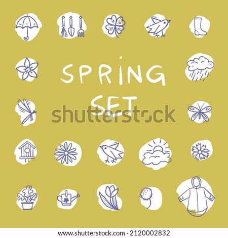 A set of painted icons on the theme of spring. Spring set of items. Set of items about the change of the season