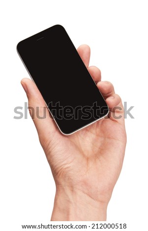 Mobile phone in a man's hand isolated on white background