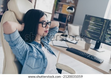 Photo of peaceful skilled lady editor sleep after web html server optimization hands head in workstation
