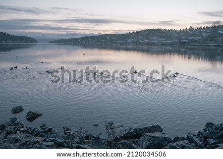 Rural landscape in the north. Lake, sunset and old wooden houses