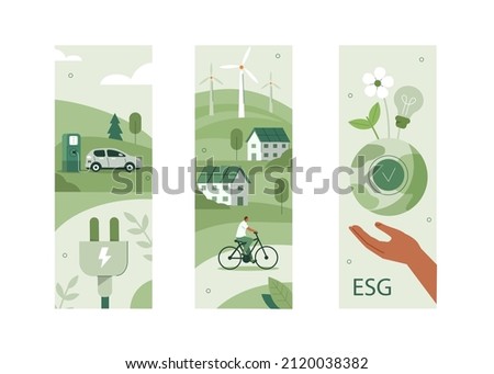 Sustainable living illustration set. ESG, green energy and sustainable industry with windmills and solar energy panels. Environmental, Social, and Corporate Governance concept. Vector illustration.
 Royalty-Free Stock Photo #2120038382