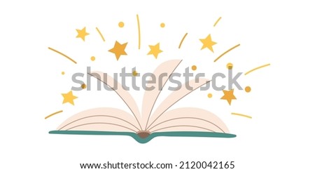 Vector open book with flying stars. Magic reading. Knowledge. Fairy tale. Royalty-Free Stock Photo #2120042165