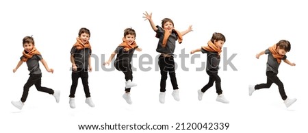 Looks delighted, joyful. Collage with images of little cute kid, happy boy jumping, running isolated on white studio background. Education, emotions, facial expression and childhood concept. Royalty-Free Stock Photo #2120042339