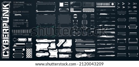 Big set of Sci Fi modern user interface elements. futuristic abstract HUD  frame screen, button, loading, text isolated on black background. GUI elements for game. Data information infographic. Vector Royalty-Free Stock Photo #2120043209