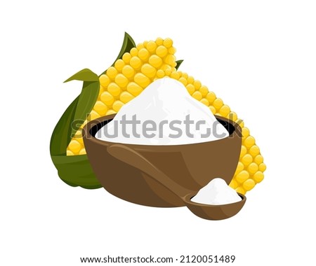 Corn starch in wooden bowl and spoon with fresh sweet corn isolated on white background. Icon vector illustration.  Royalty-Free Stock Photo #2120051489