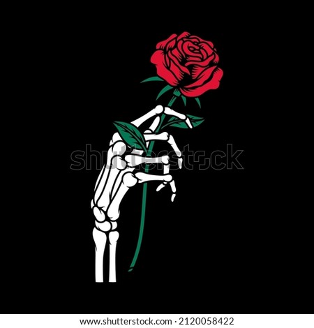 Skeleton Hand Holding Rose Vector Illustration On Isolated Background
