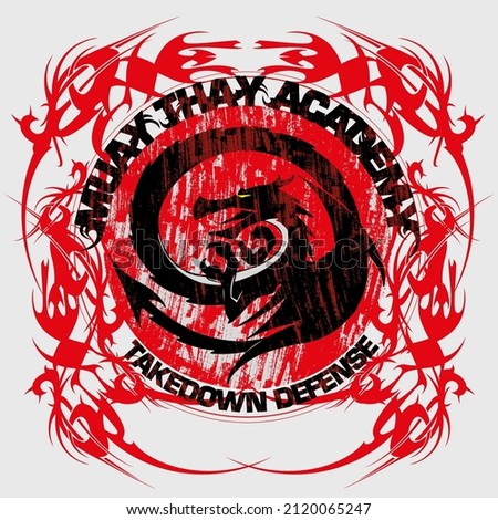 Muay thai academy coat of arms with a dragon in the center as a mascot. Martial arts illustration concept.