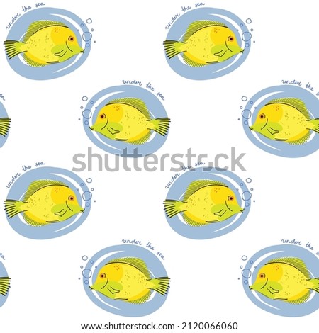 Baby seamless vector pattern. Cute fishes on white background. Creative scandinavian kids texture for fabric, textile, wallpaper, apparel. Vector illustration of yellow tang. Under the sea