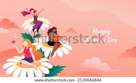 Happy Women's Day greeting card. Flat illustration of three multiracial women sitting on flowers. Concept of women owning equal rights and loving themselves Royalty-Free Stock Photo #2120066846