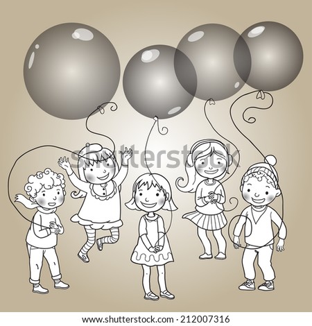 Five happy children with balloons. Back to School. Black and White. Isolated objects on simple background for picture books, magazines, advertising, Birthday Cards and more. VECTOR.