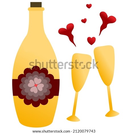 Golden bottle of champagne with glasses, vector illustration.