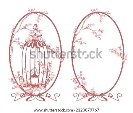 open bird cage and  blooming cherry tree branches composition inside art nouveau style ornament oval frame - romantic spring season vector design set