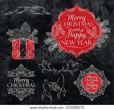 Merry christmas and new year collection graphics in elegant vintage style, rabbit, gift, reindeer, snowflake, sticker stylized for the drawing with chalk on the blackboard