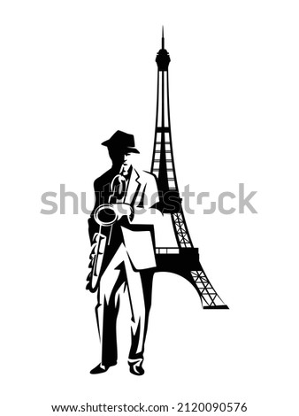jazz man playing saxophone instrument standing by eiffel tower silhouette - performing busker musician in Paris black and white vector outline