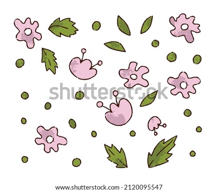 Hand drawn flower and leaves set for florist shop in color isolated on white background, concept for sticker, card. Floristry handicraft on white. Hand drawn vector illustration Royalty-Free Stock Photo #2120095547