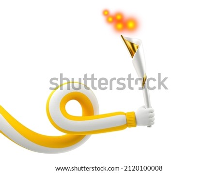Funny cartoon flexible hand with a olympic fire, clip art isolated on white background. Sport metaphor 2022, revealing the concept of victory and the start of the season. 3d render
