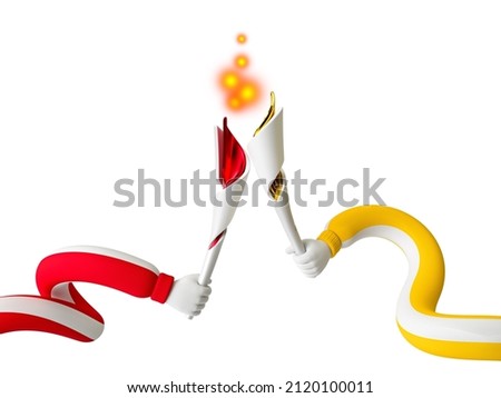 Funny cartoon flexible hands with a olympic fire, clip art isolated on white background. Sport metaphor 2022, revealing the concept of victory and the start of the season. 3d render