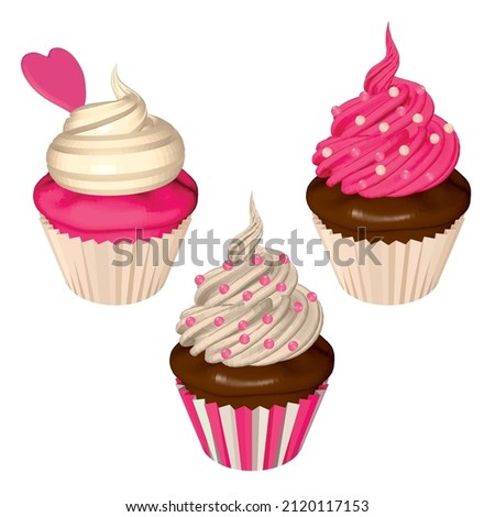 Pink Cupcakes Set Isolated on White Background. Cakes with Strawberry and Creamy Frostings in Pink and White. Vector Realistic Illustration.