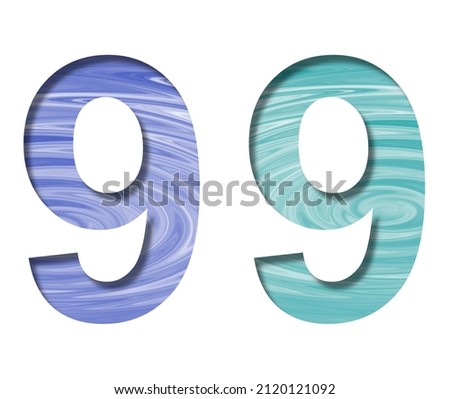 Digit nine, 9 cut out of white paper on the background of beautiful circles on the water, decorative natural font