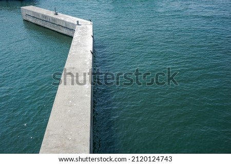 modern design of a minimalist pier, stone dock, black cormorant resting on the stone pathway, 