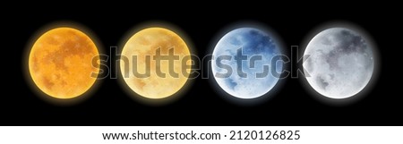 Set of isolated realistic full moon at night. Yellow and gray, blue and dark satellite sphere icons. Glowing round planet or midnight luna landscape with crater, moonlight. Astronomy and space theme Royalty-Free Stock Photo #2120126825