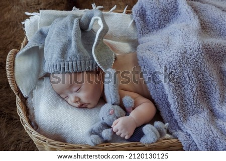 Cute Asian newborn baby. wearing a blue rabbit Sleep well. By hugging the rabbit doll. lying in a wicker basket