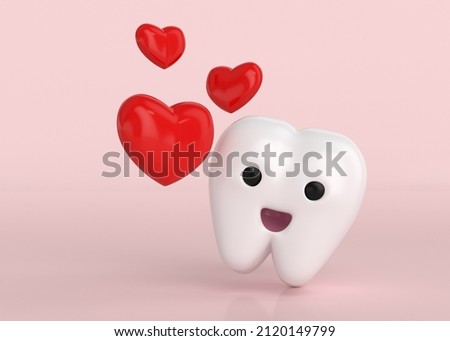 Cute 3D tooth character with red hearts Royalty-Free Stock Photo #2120149799