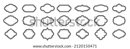 Simple vintage frames, black retro borders set vector illustration. Elegant outline victorian tags of different shapes with vignette and classic design, ornate badge decoration isolated on white Royalty-Free Stock Photo #2120150471