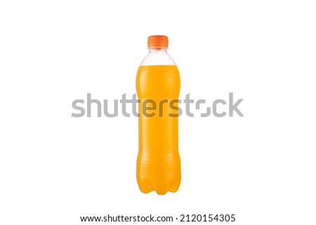 Orange soft drink isolated on white background. Plastic bottle with a Orange cap. Orange lemonade. Royalty-Free Stock Photo #2120154305