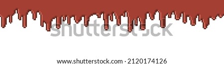 Horizontal seamless pixel art melted dripping milk chocolate ganache isolated on white background. Hot caramel sauce for cakes. Cocoa syrup for desserts. Retro 8 bit sweet dipping top border clip art.
