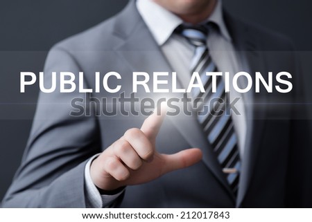 business, technology, internet and networking concept - businessman pressing public relations button on virtual screens