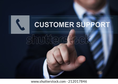 business, technology, internet and networking concept - businessman pressing customer support button on virtual screens