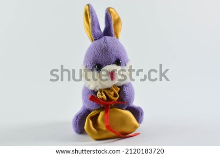 a rabbit with a gift. a soft toy on a white background.