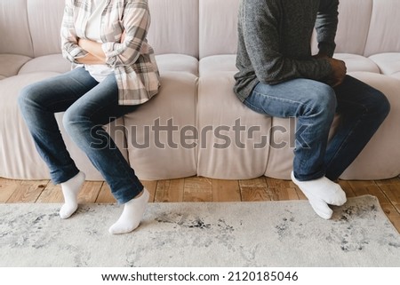 Cropped image of two spouses husband and wife couple divorce, arguing, having marriage problems. Misunderstaning between partners. Psychology therapy. Cheating, abuse in relationship Royalty-Free Stock Photo #2120185046