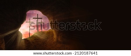Open Tomb At Sunrise With Grave Clothes And Three Crosses - Resurrection Of Jesus Christ Royalty-Free Stock Photo #2120187641
