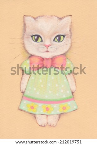 Cute cat girl dressed in a dress and with a bow. Greeting card or invitation for birthday party or any party. Funny background.