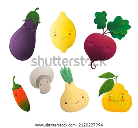 Cute fruits and vegetables, kawaii set isolated elements on white background
